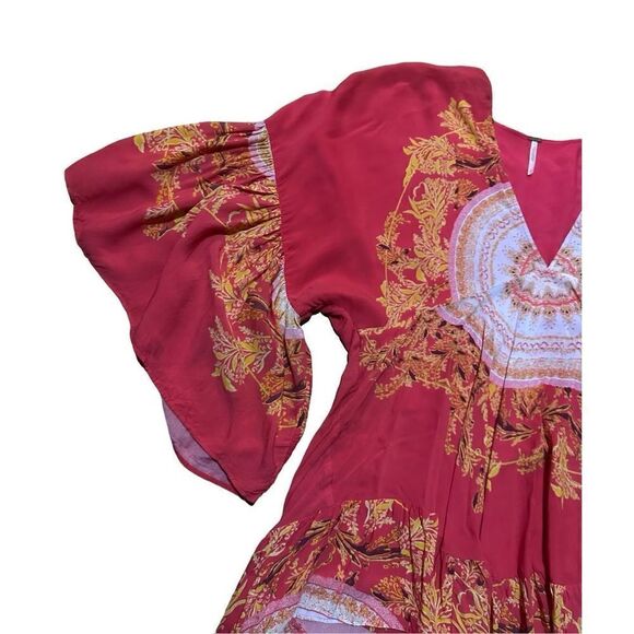 Free People Sunset Dreams printed flare sleeve blouse sz Small red - Picture 14 of 16